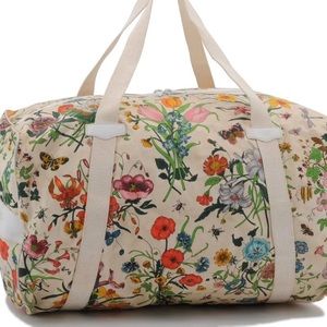 Authentic GUCCI Flora Travel Boston Bag Canvas Leather Ivory White 0889C